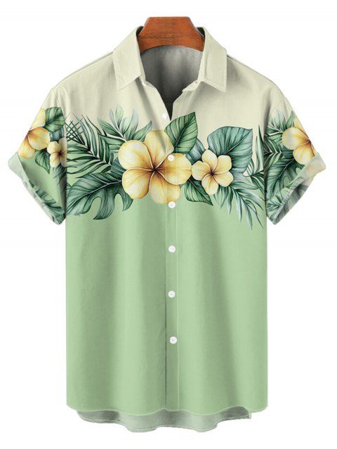 Chemise de Vacances Boutonnée Feuille et Fleur Imprimées en Blocs de Couleurs à Manches Courtes