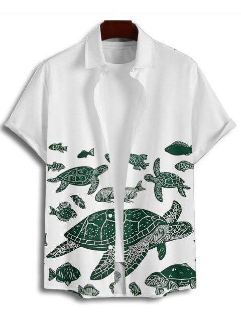 Shirt Boutonné de Vacances Tortue Poisson Imprimée Manches Courtes à Col Relevé