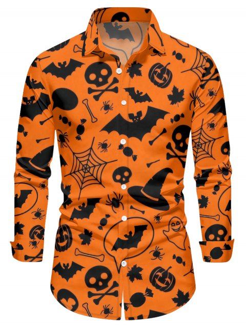 Chemise Décontractée D'Halloween Citrouille Chauve-souris Imprimés Boutonnée Manches Longues à Col Relevé