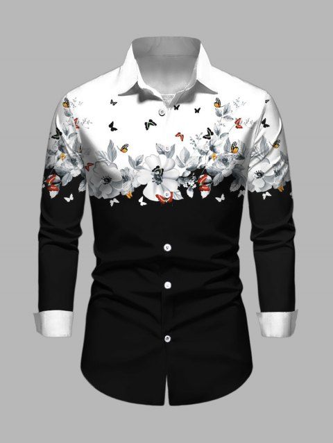 Chemise Boutonnée Fleur et Papillon Imprimés en Blocs de Couleurs à Manches Longues