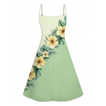 Flower Print Colorblock Spaghetti Strap A Line Dress V Neck Strappy Dress 