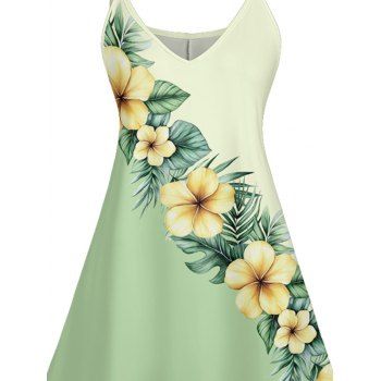 Flower Print Colorblock Spaghetti Strap A Line Dress V Neck Strappy Dress 