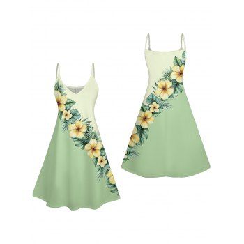 Flower Print Colorblock Spaghetti Strap A Line Dress V Neck Strappy Dress 