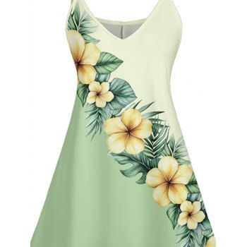 Flower Print Colorblock Spaghetti Strap A Line Dress V Neck Strappy Dress