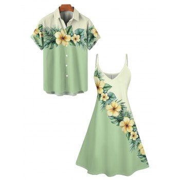 Contrast Color Flower Leaf Print Spaghetti Strap Dress And Short Sleeve Vacation Shirt Matching Hawaii Outfit on sale