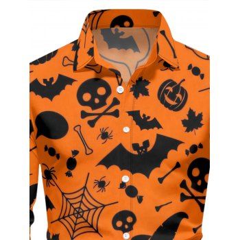 Halloween Pumpkin Face Spider Web Bat Hat Print Lace Up Dress And Long Sleeve Button Up Casual Shirt Outfit