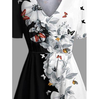 Butterfly Flower Print Flutter Sleeve Colorblock Midi Dress Split Hem A Line Dress 