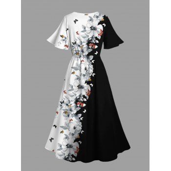 Butterfly Flower Print Flutter Sleeve Colorblock Midi Dress Split Hem A Line Dress 