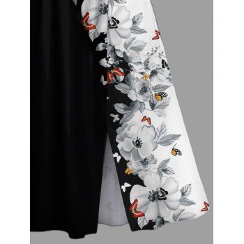 Butterfly Flower Print Flutter Sleeve Colorblock Midi Dress Split Hem A Line Dress 