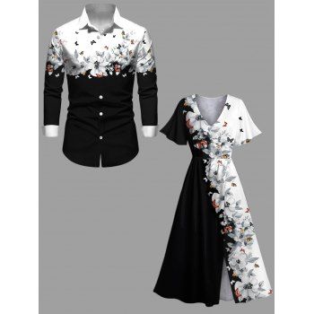 Colorblock Butterfly Flower Print Flutter Sleeve Midi Dress And Button Down Long Sleeve Shirt Matching Hawaii Outfit