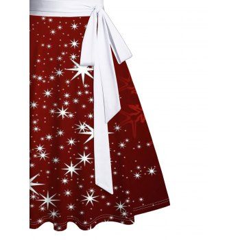 Christmas Belted Mini Dress Sparkling Star Snowflake Print Sweetheart Neckline Ruched Dress