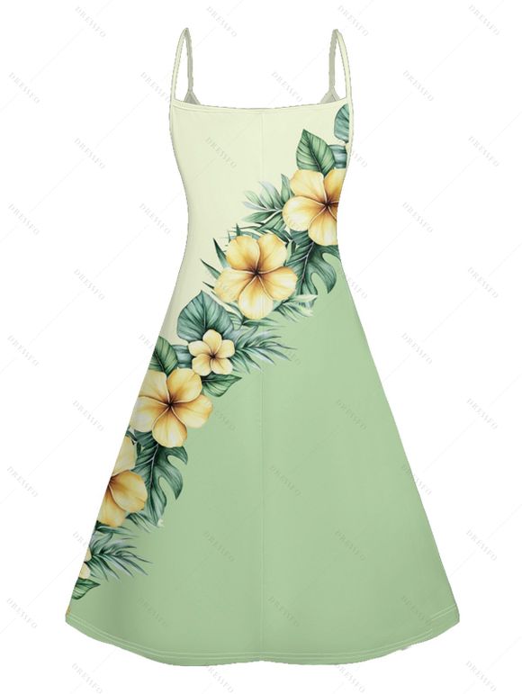Robe Ligne A Fleur Imprimée en Blocs de Couleurs à Bretelle Fine à Col V - Vert clair L | US 8-10