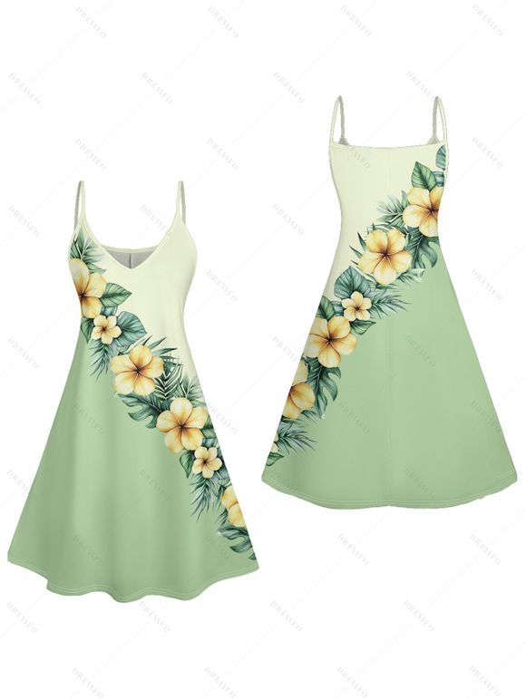 Robe Ligne A Fleur Imprimée en Blocs de Couleurs à Bretelle Fine à Col V - Vert clair L | US 8-10