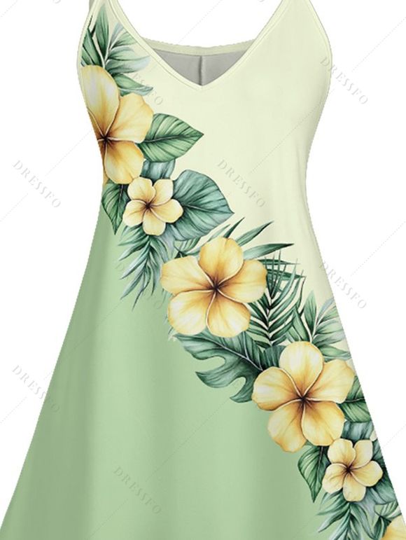 Robe Ligne A Fleur Imprimée en Blocs de Couleurs à Bretelle Fine à Col V - Vert clair L | US 8-10