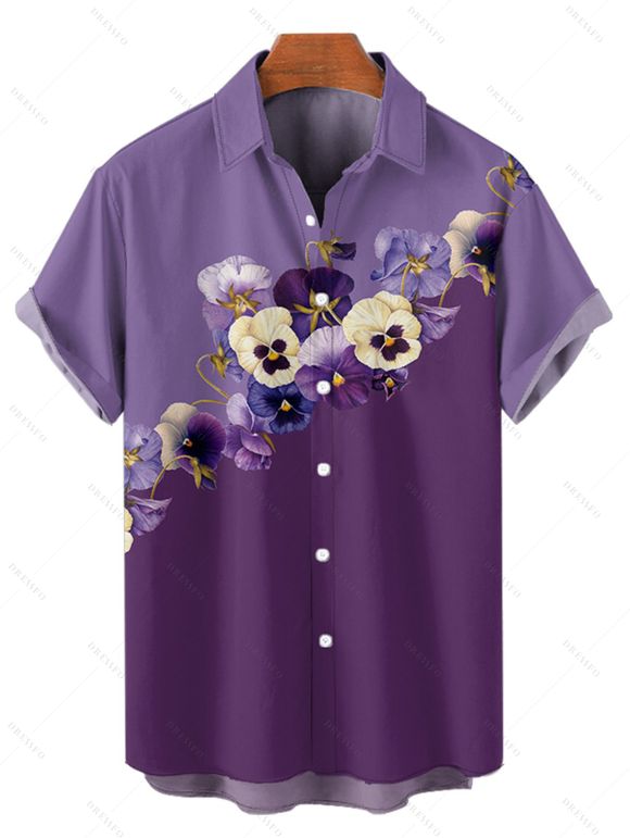 Chemise de Vacances Fleur Imprimée en Blocs de Couleurs Boutonnée à Manches Courtes - Concorde 2XL