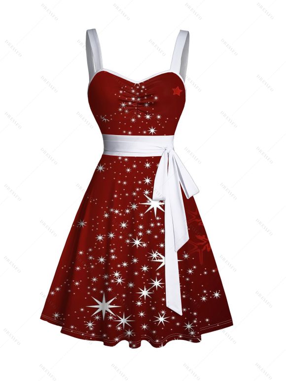 Mini Robe Etoile Brillante Ceinturée Flocon de Neige Imprimé à Col en Forme de Cœur - Rouge foncé XXXXXL | US 20