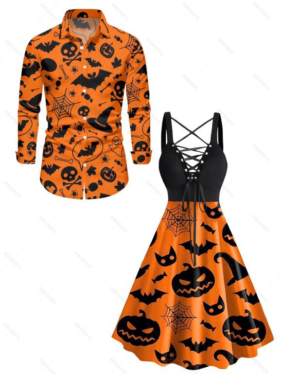 Halloween Pumpkin Face Spider Web Bat Hat Print Lace Up Dress And Long Sleeve Button Up Casual Shirt Outfit - Orange Foncé S | US 4