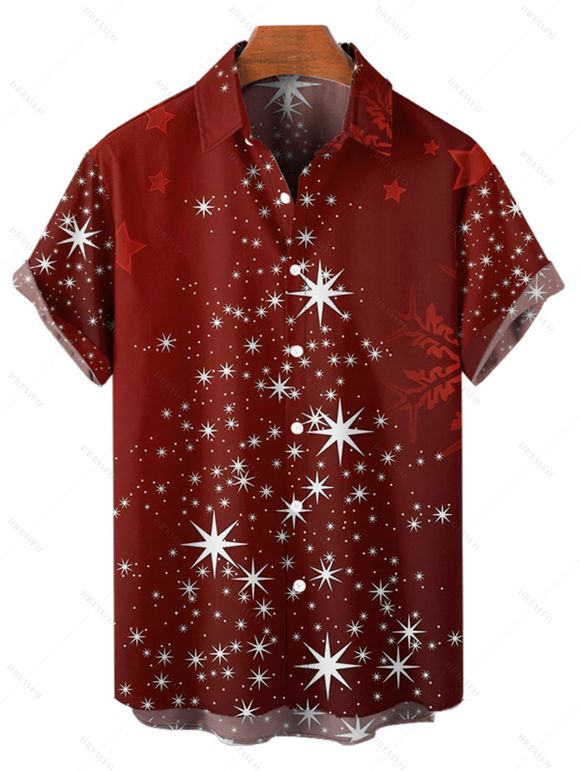 Chemise de Noël Boutonnée Flocon de Neige Imprimé Manches Courtes à Col Relevé - Rouge foncé M