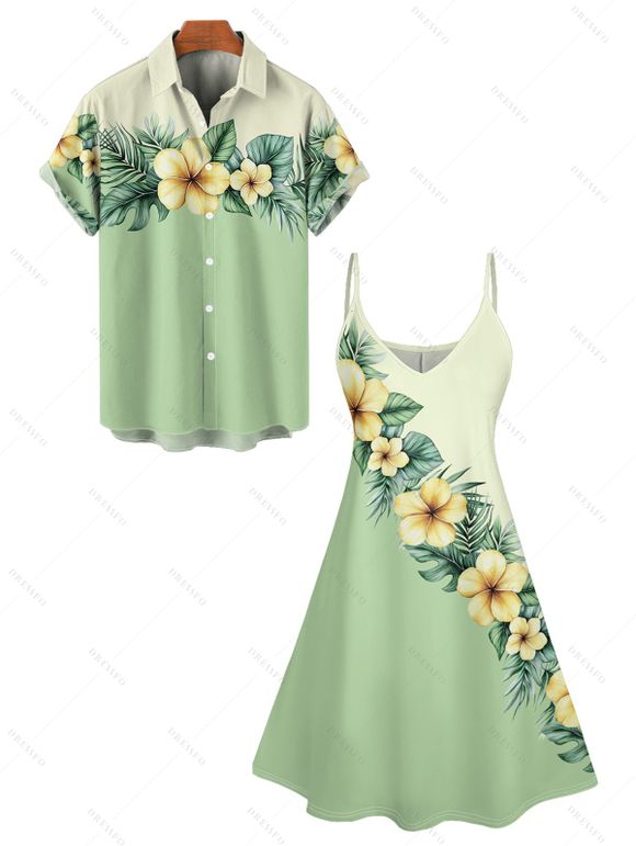 Contrast Color Flower Leaf Print Spaghetti Strap Dress And Short Sleeve Vacation Shirt Matching Outfit - Vert clair S | US 4