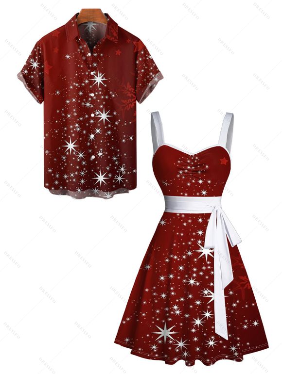 Christmas Snowflake Print Belted Mini Dress And Short Sleeve Button Up Dress Matching Outfit - Rouge foncé S | US 4