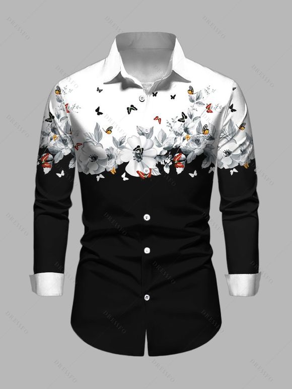 Chemise Boutonnée Fleur et Papillon Imprimés en Blocs de Couleurs à Manches Longues - Noir M