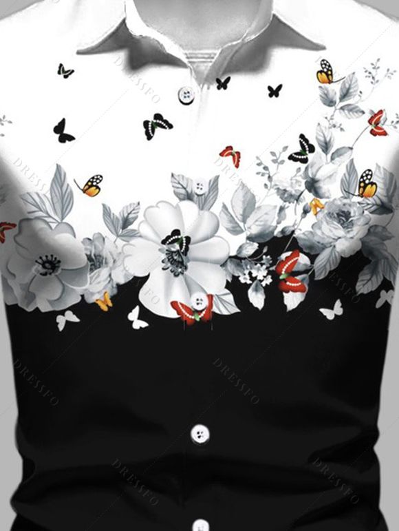 Chemise Boutonnée Fleur et Papillon Imprimés en Blocs de Couleurs à Manches Longues - Noir L