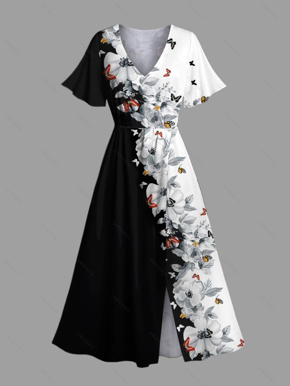 Robe Mi-Longue Ligne A Fleur et Papillon Imprimés en Blocs de Couleurs à Manches Bouffantes - Noir XXL | US 14