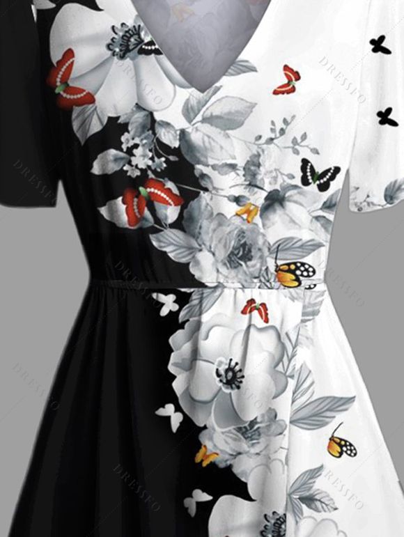 Robe Mi-Longue Ligne A Fleur et Papillon Imprimés en Blocs de Couleurs à Manches Bouffantes - Noir L | US 8-10