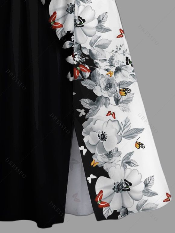 Robe Mi-Longue Ligne A Fleur et Papillon Imprimés en Blocs de Couleurs à Manches Bouffantes - Noir L | US 8-10