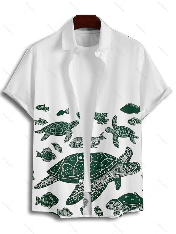 Shirt Boutonné de Vacances Tortue Poisson Imprimée Manches Courtes à Col Relevé - Vert profond L