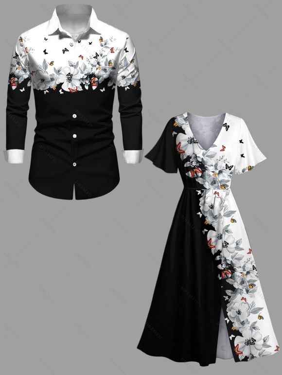 Colorblock Butterfly Flower Print Flutter Sleeve Midi Dress And Button Down Long Sleeve Shirt Matching Outfit - Noir S