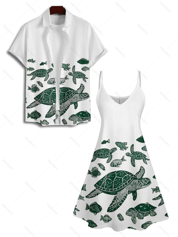 Turtle Fish Print Spaghetti Strap V Neck Dress And Short Sleeve Vacation Shirt Matching Outfit - Vert profond S | US 4