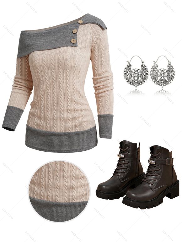 Two Tone Turn Down Collar Knit Sweater and Solid Lace Up Buckle Zip Up Boots U Shaped Drop Earrings Outfit - café lumière S | US 4