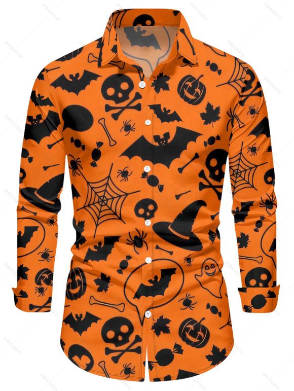 Chemise Décontractée D'Halloween Citrouille Chauve-souris Imprimés Boutonnée Manches Longues à Col Relevé - Orange Foncé 4XL