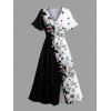 Colorblock Butterfly Flower Print Flutter Sleeve Midi Dress And Button Down Long Sleeve Shirt Matching Hawaii Outfit - Noir S