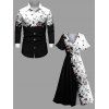 Colorblock Butterfly Flower Print Flutter Sleeve Midi Dress And Button Down Long Sleeve Shirt Matching Hawaii Outfit - Noir S
