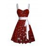 Christmas Belted Mini Dress Sparkling Star Snowflake Print Sweetheart Neckline Ruched Dress