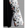 Robe Mi-Longue Ligne A Fleur et Papillon Imprimés en Blocs de Couleurs à Manches Bouffantes - Noir XXL | US 14