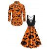 Halloween Pumpkin Face Spider Web Bat Hat Print Lace Up Dress And Long Sleeve Button Up Casual Shirt Outfit - Orange Foncé S | US 4