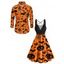 Halloween Pumpkin Face Spider Web Bat Hat Print Lace Up Dress And Long Sleeve Button Up Casual Shirt Outfit - Orange Foncé S | US 4