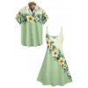 Contrast Color Flower Leaf Print Spaghetti Strap Dress And Short Sleeve Vacation Shirt Matching Outfit - Vert clair S | US 4