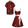 Christmas Snowflake Print Belted Mini Dress And Short Sleeve Button Up Dress Matching Outfit