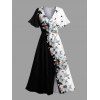 Colorblock Butterfly Flower Print Flutter Sleeve Midi Dress And Button Down Long Sleeve Shirt Matching Outfit - Noir S