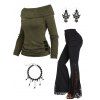 Heathered Cinched Rivet Decor Sweater and Cinched Skirted Flare Pants Bead Tassel Choker Necklace Lace Beads Drop Earrings Outfit - Vert profond S | US 4