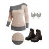 Two Tone Turn Down Collar Knit Sweater and Solid Lace Up Buckle Zip Up Boots U Shaped Drop Earrings Outfit - café lumière S | US 4