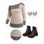 Two Tone Turn Down Collar Knit Sweater and Solid Lace Up Buckle Zip Up Boots U Shaped Drop Earrings Outfit - café lumière S | US 4