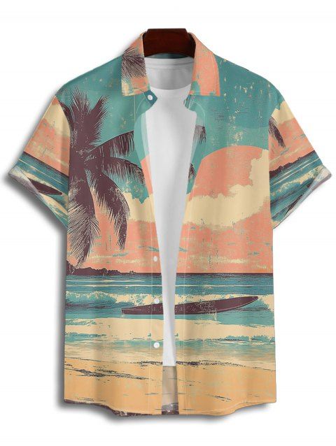 Chemise de Vacances de Plage Décontracté Paysage de Palmier et Coucher du Soleil Imprimés à Manches Courtes