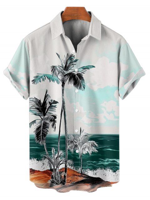 Coconut Tree Beach Scenic Print Vacation Button Up Short Sleeve Shirt