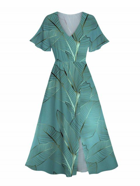 Leaf Texture Print Flutter Sleeve Midi Dress V Neck Overlay Split Hem Vacation Dress