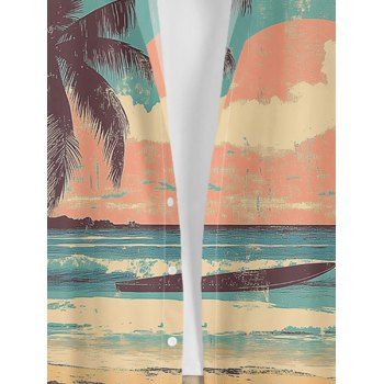 Palm Tree Sunset Beach Scenic Print Vacation Shirt Short Sleeve Button Up Casual Shirt